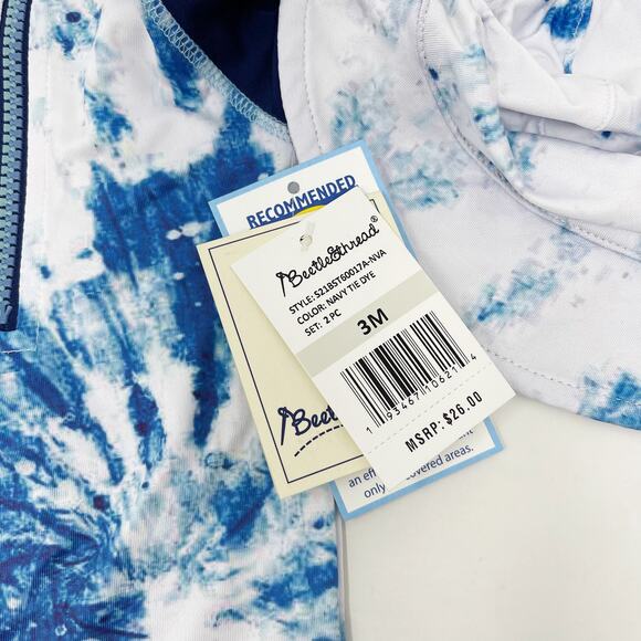 New Beetle & Thread Size 3M Navy Blue Tie Dye Swim Romper and Hat UPF 50+ Boys - Picture 3 of 9